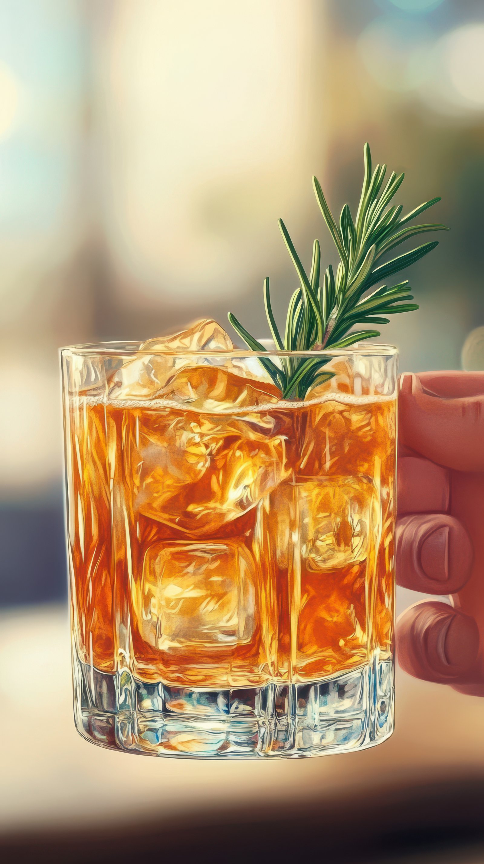 Refreshing cocktail served in a clear glass garnished with rosemary in a sunlit bar